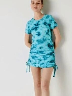 PINK Blue Tie-Dye Short Sleeve Ruched Dress with Side Ties